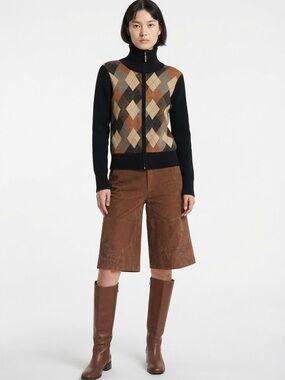 Lamarque Brown Suede Culottes with Floral Embroidery
